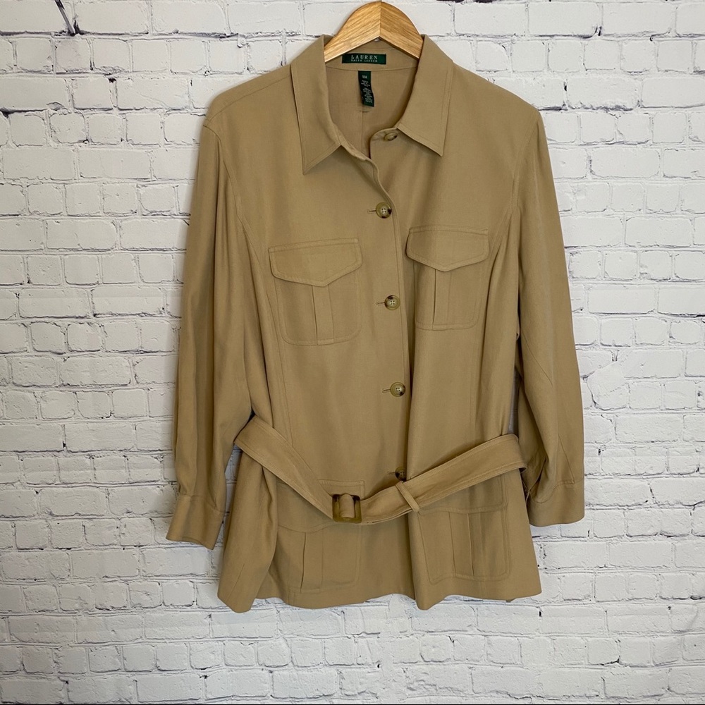 RALPH LAUREN tan silk button down blouse belt 18W